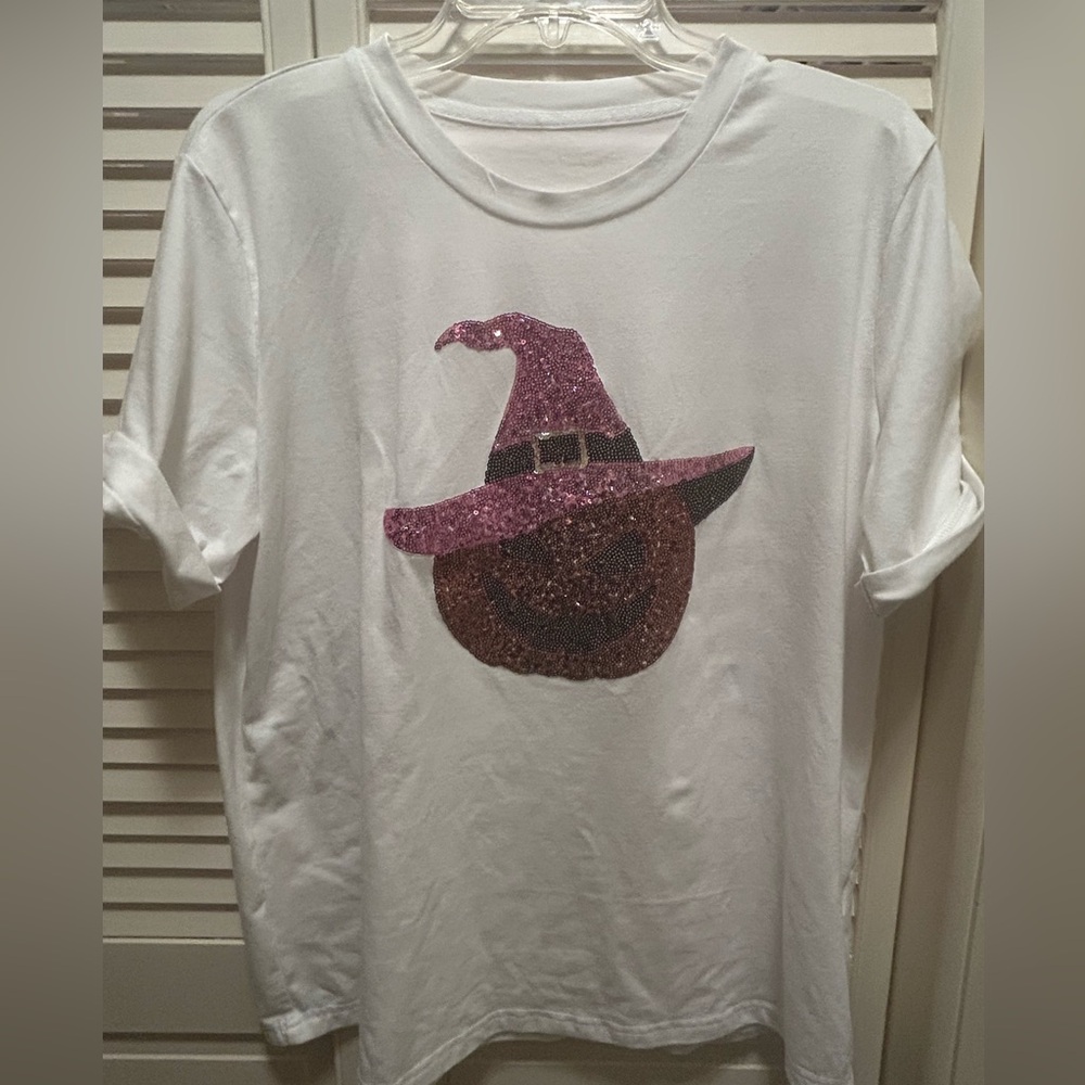Women's White Tee with Pink Witch Hat Design